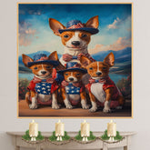 Basenji Dog Mom and Puppies in Patriotic Outfits with Bowties and Hats in a Scenic Mountain Valley American Holiday Painting on Ready to Hang 1.5" Thick Canvas Wrap, Floating Framed Canvas, Flat Rolled Canvas